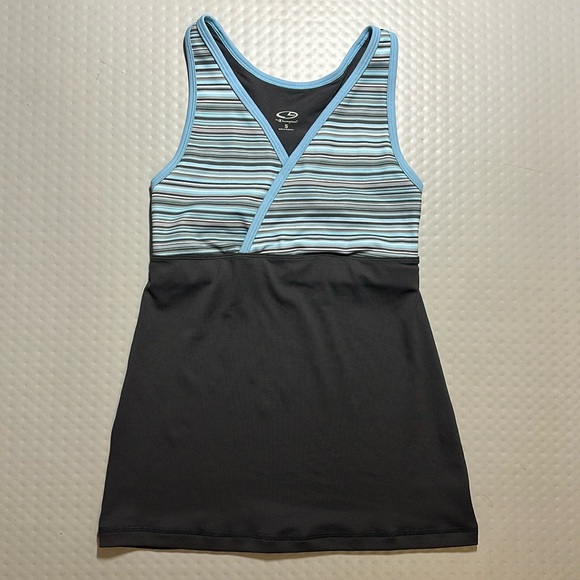 Champion Tops - Sleeveless athletic top by Champion‎ faux-wrap stripes blue white grey Adult S
